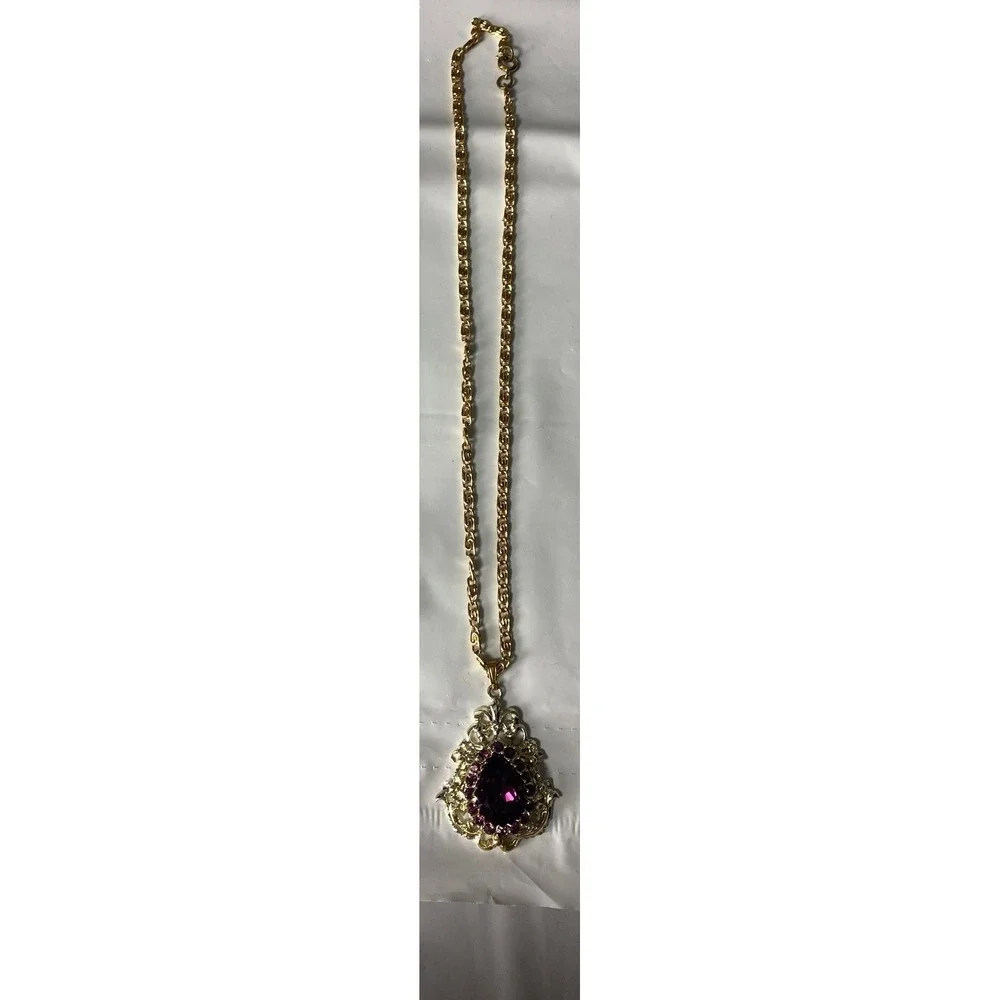 Gold Tone‎ Chain Necklace Purple Teardrop Crystal Pendant Vintage Style